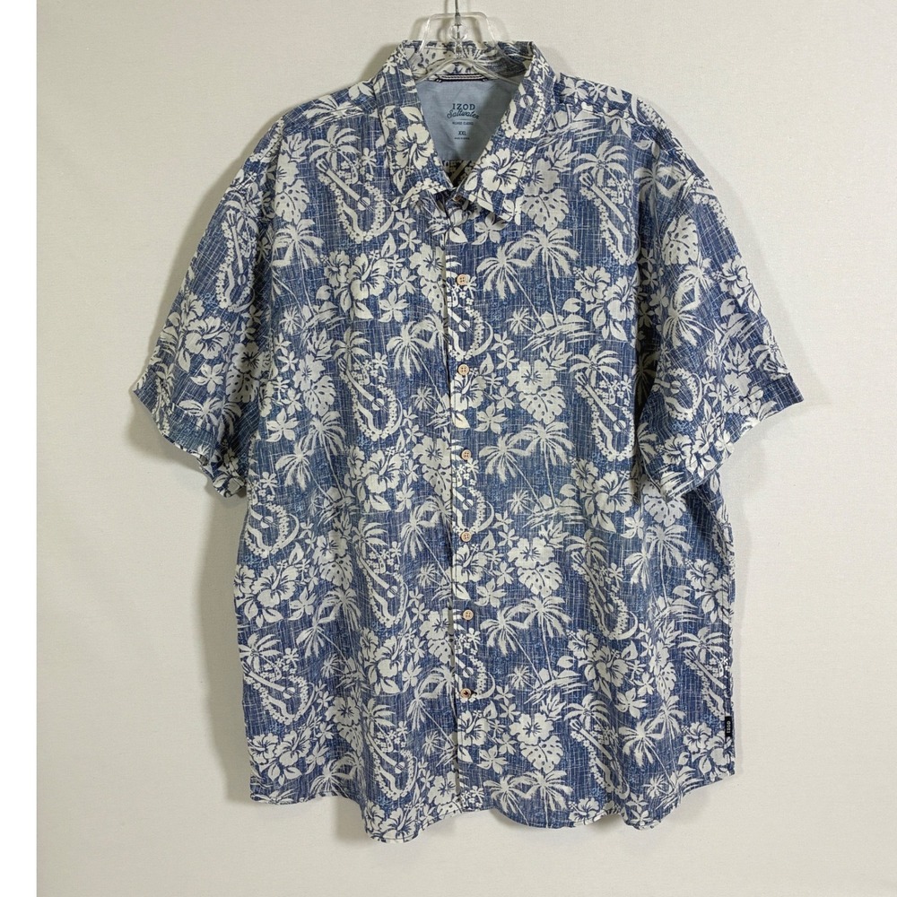 Izod Saltwater Mens XXL Blue White Tropical Floral Palm Tree Button Down Shirt